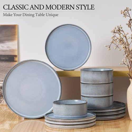 E-far Stoneware Dinnerware Sets, 18-Pieces Modern Plates and Bowls Sets, Kitchen Dinning Porcelain Dishes Set for 6, Chip & Scratch Resistant, Dishwasher & Microwave Safe, Dusty Blue