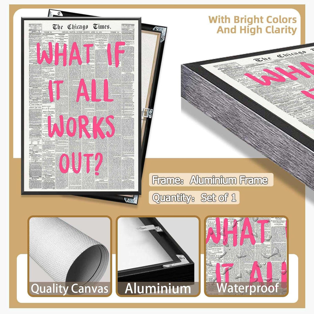 **What If It All Works Out Poster - Retro Newspaper Design | Pink Font Canvas Wall Art 12x18in**