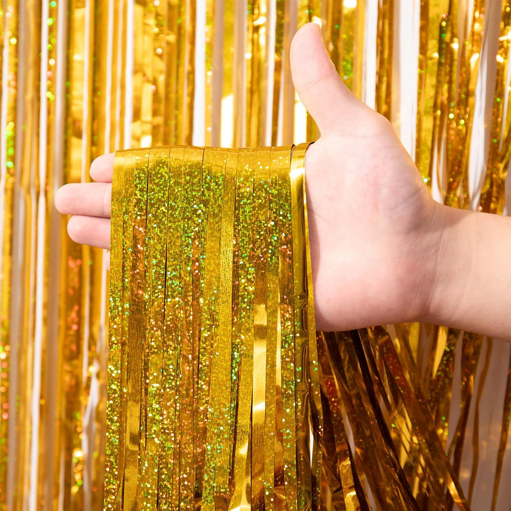 Voircoloria Laser Gold Foil Fringe Backdrop Curtains - 3 Pack Tinsel Streamers for Parties & Events | 3.3 x 8.2 ft
