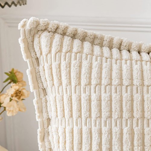 MIULEE Cream White Corduroy Throw Pillow Covers - Soft Striped Design | Set of 2, 18x18 Inch for Modern Boho Decor