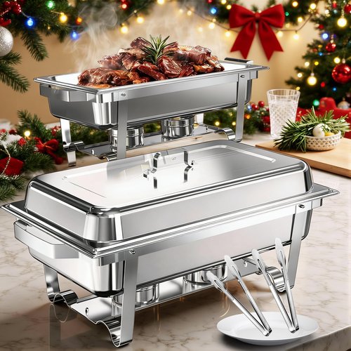ALSO GO 2 Pack Chafing Dish Buffet Set & 2 Serving Tongs, 9QT Stainless Steel Rectangular Buffet Food Warmer Set with Full Size Food Pans and Folding Frame for Parties, Wedding, Christmas Catering