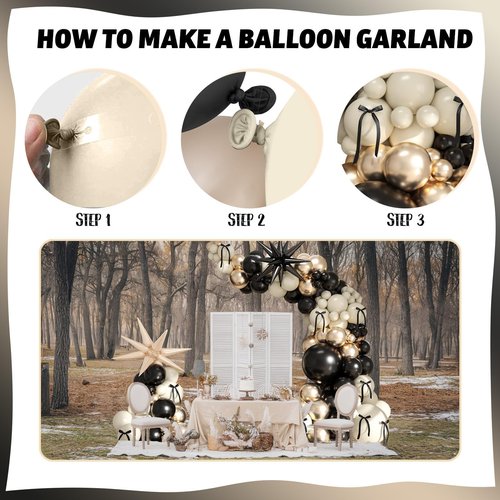 Black White Gold Balloon Garland Kit, 115Pc Beige Sand Black Cream Metallic Gold Balloon Arch Explosion Star Foil Balloons for Girls Women Birthday Bachelorette Graduation Coquette Party Decoration
