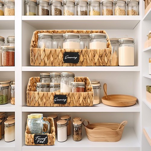 Wonderjune 4 Pcs Water Hyacinth Storage Basket Set Wicker Rattan Pantry Basket with Chalkboard Label Handles Woven Container Kitchen Laundry Large Small for Shelves Food Home Bathroom Decor