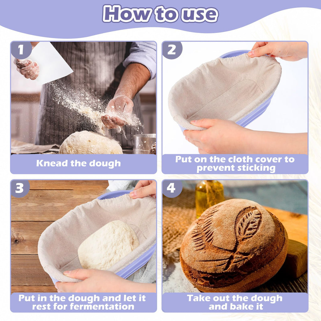 Nuogo 4 Pack Oval Bread Proofing Basket Silicone 10 Inch Collapsible Sourdough Bread Baking Supplies Dough Proofing Bowl with 4 Pcs Dough Scraper and 4 Pcs Basket Covers(Purple)