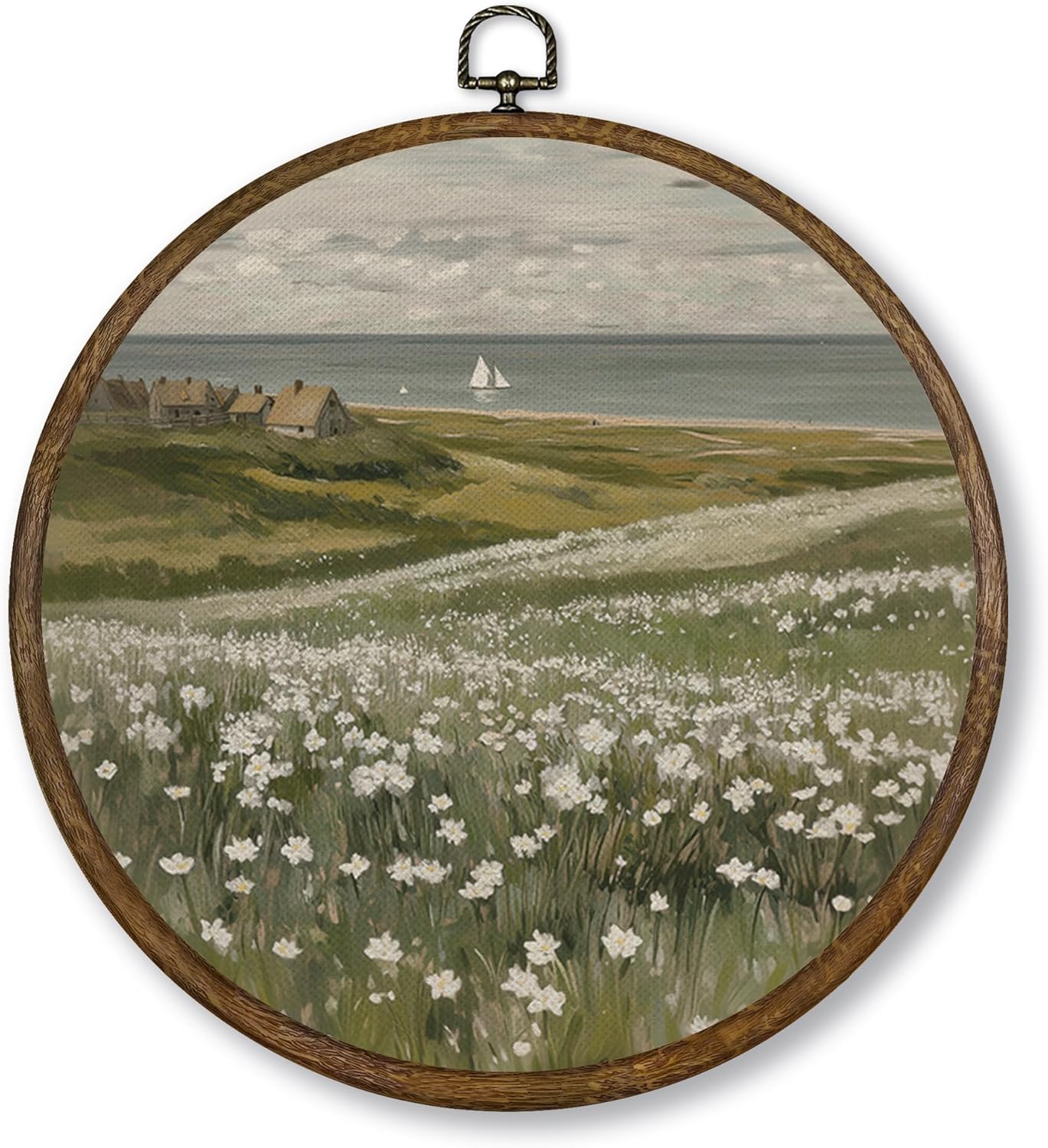 Qskjre Vintage Floral Meadow Wall Art - Coastal Round Wood Framed Canvas Decor | 10x10 Inch Farmhouse Print