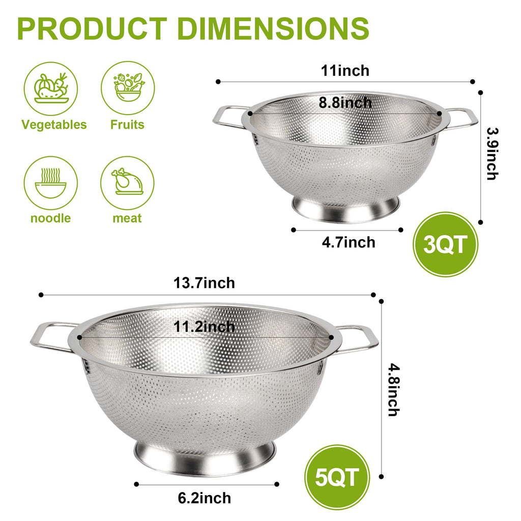 Gulex Colander Stainless Steel 3-Quart, Strainer Kitchen, Dishwasher Safe
