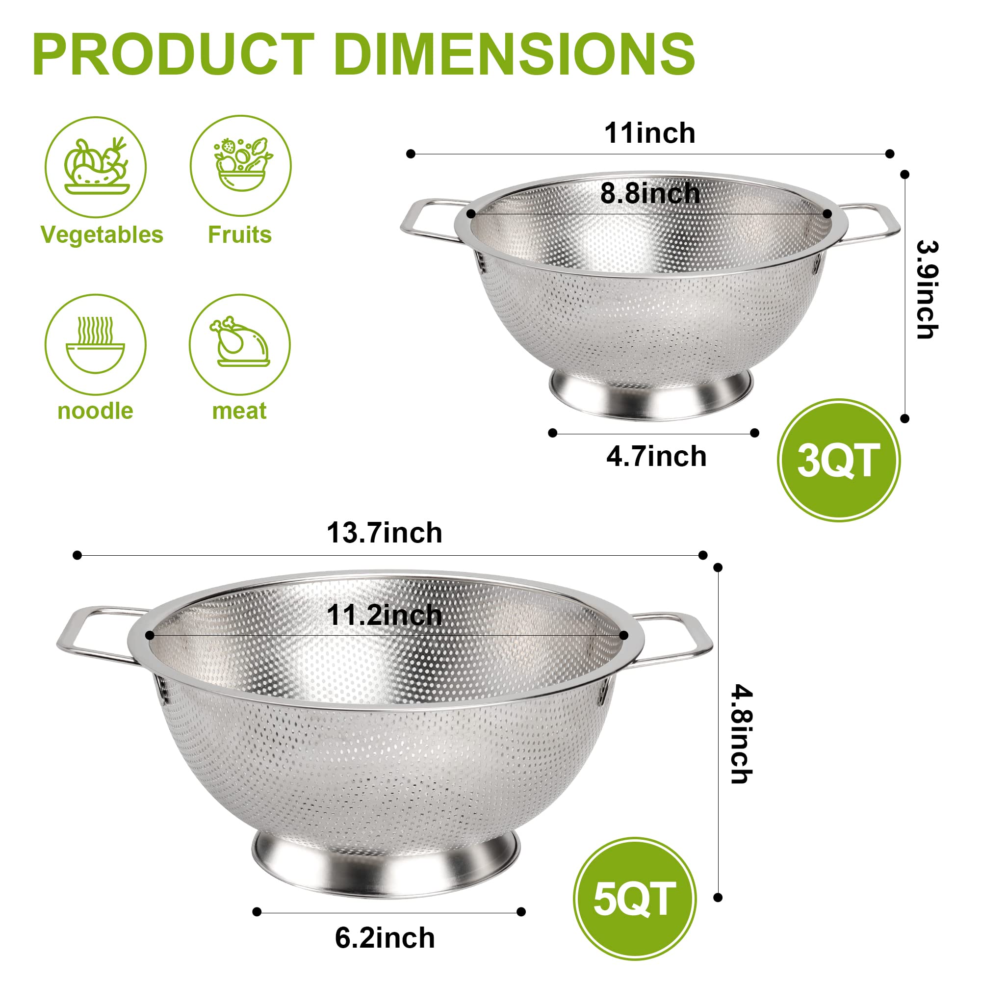 Gulex Colander Stainless Steel 3-Quart, Strainer Kitchen, Dishwasher Safe