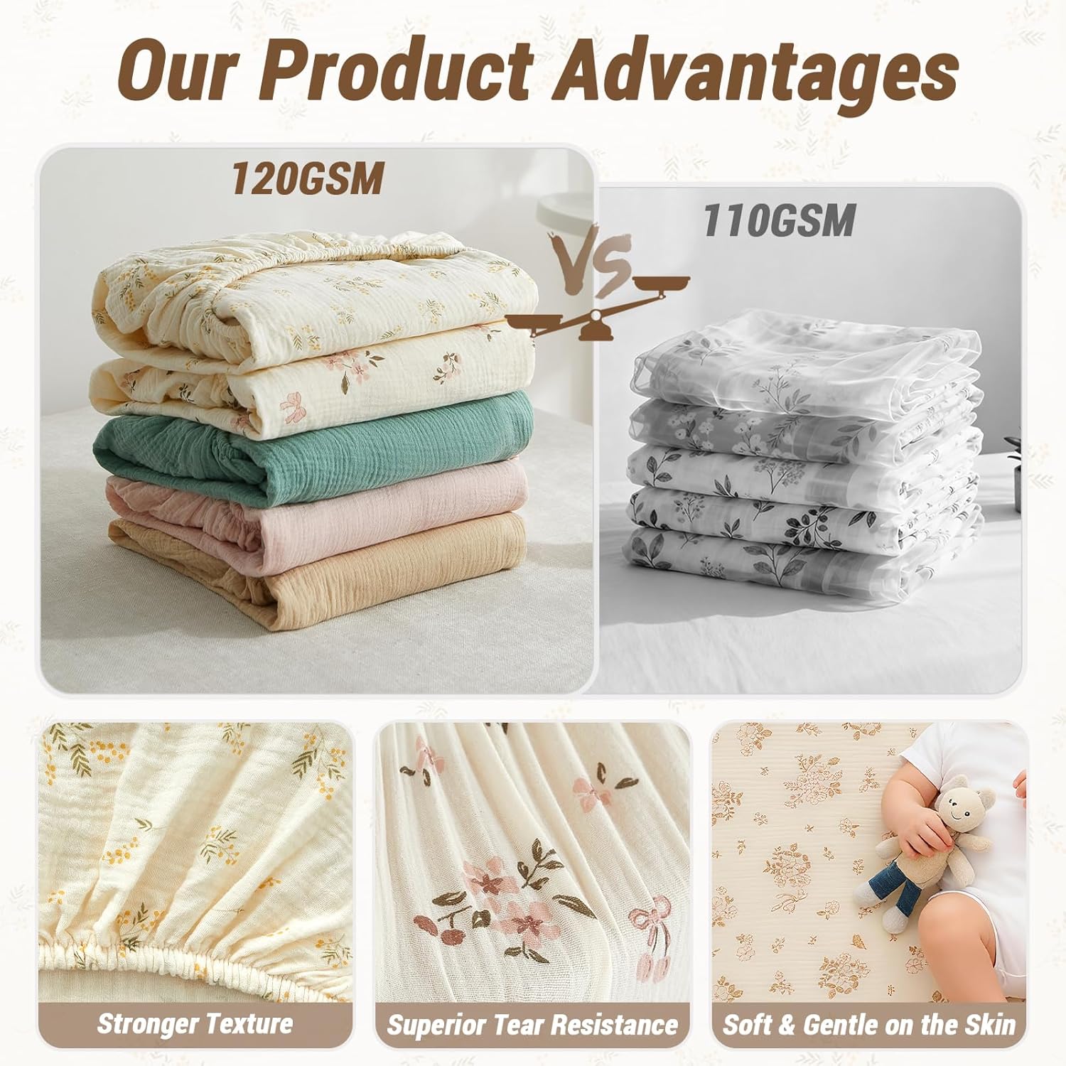Bailix Heavyweight Muslin Baby Crib Sheets - 2PCS Neutral Fitted Sheets | Soft 100% Organic Cotton (Cream, Coffee)