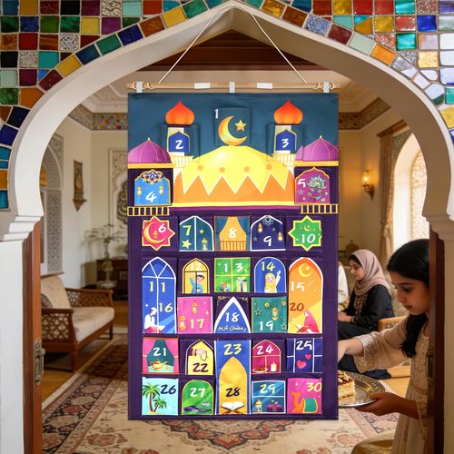 HOWAF Fabric Ramadan Advent Calendar (Countdown to Eid), Mosque Eid Ramadan Countdown Calendar with 30 Pockets for Ramadan Mubarak Home Wall Decoration, Islamic Decor Eid Holiday Advent Calendar Planner Supplies