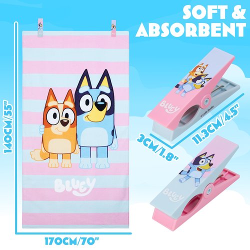 Bluey Beach Towel with 2 Clips Kids Toddlers Quick Dry Towel for Pool Beach Bath Swimming Trips Travel Essentials 55x27”