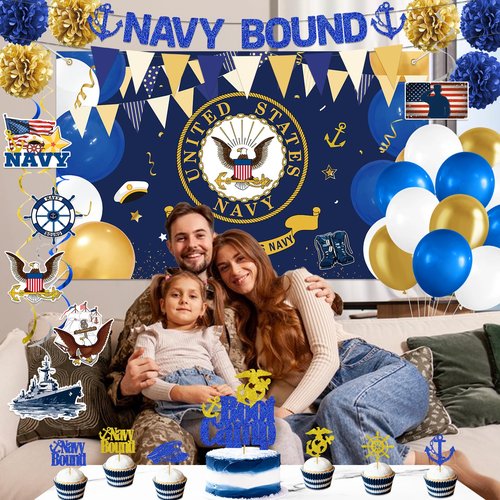 Navy Party Decorations - Navy Bound Banner Boot Camp Decor Military Themed Banner Boot Camp Bound Cupcake Topper Military Backdrop Balloons Tissue Pompoms Swirls