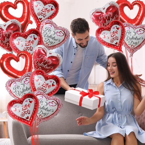 Happy Valentine's Day Balloons 20pcs Red Heart Balloons Set I Love You Balloon 18 Inch Love Balloon White and Red Heart Shaped Foil Balloon for Valentine's Day Decoration Romantic Proposal