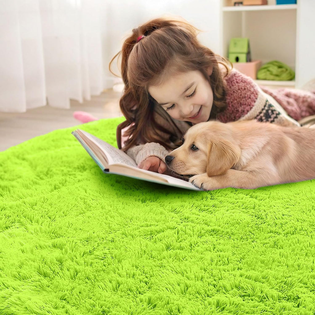 OLANLY Round Lime Green Area Rug - Soft, Fluffy, Machine Washable 5 ft Circle Carpet for Bedrooms & Nurseries