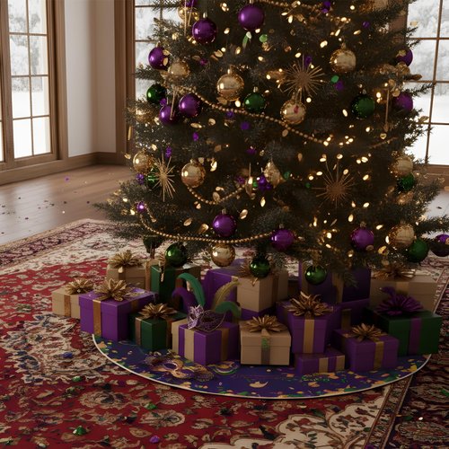 VISSTREE Mardi Tree Skirt, 48 Inch Mardi Carnival Tree Decorations, Purple Carnival Masquerade Mask Round Collar Mat for Christmas Gras Holiday Festive Party Indoor Ornaments Home Decor