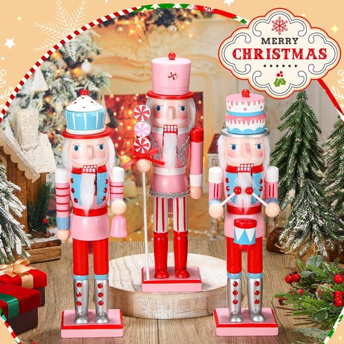Geetery 3 Pcs Valentine Nutcracker Figures Decor 14 Inch Wood Pink Nutcracker Table Centerpiece Valentine Gift for Holiday Shelves Indoor Tabletop(Cake Style)