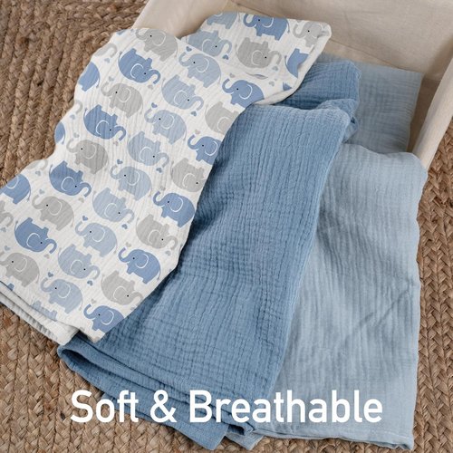 GLLQUEN Baby Muslin Swaddle Blankets - 3-Pack Receiving Blankets for Newborns | Unisex Elephant Design, 40 x 38 Inches