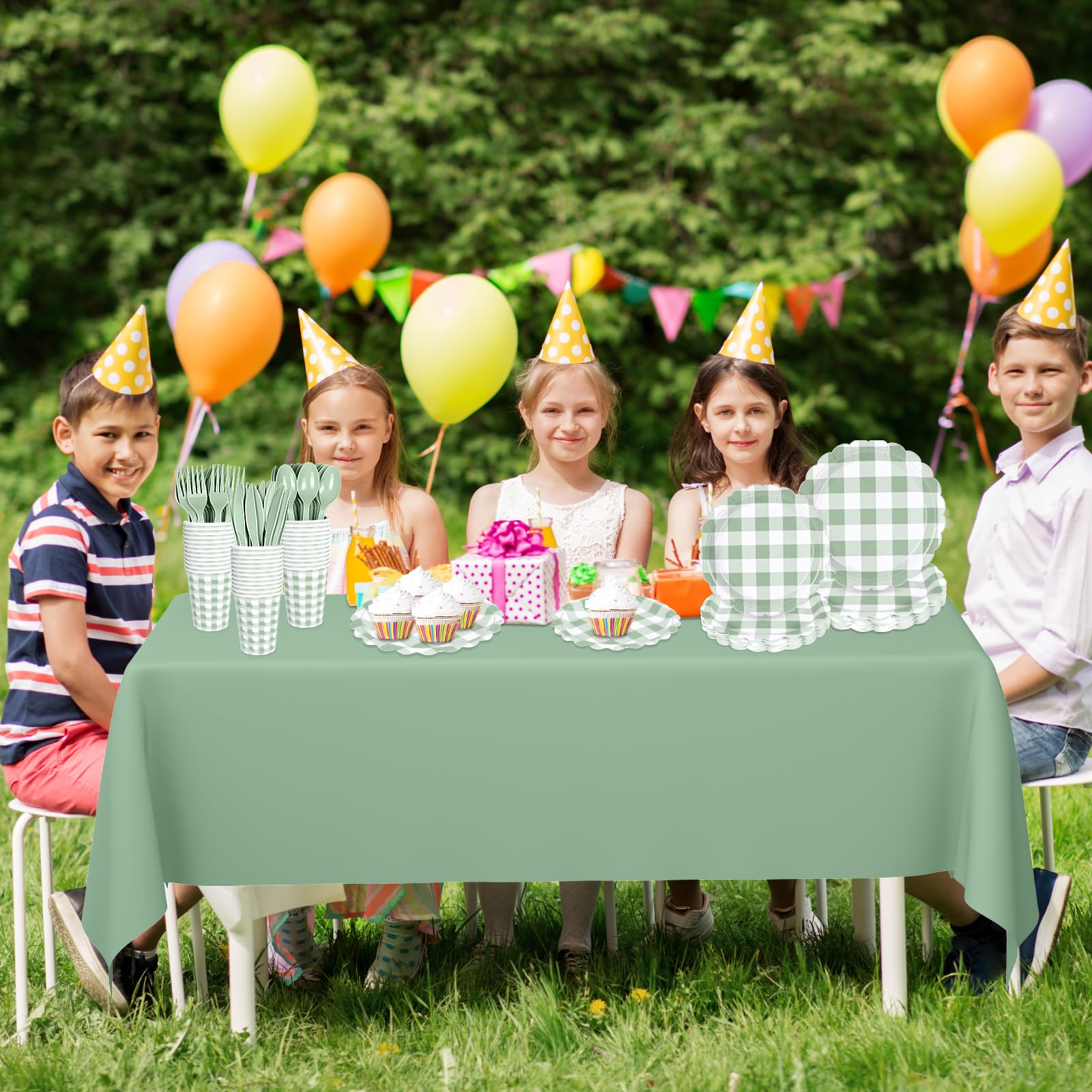 175 PCS Sage Green Gingham Plates and Napkins, Green Checkered Disposable Plates Set with Napkins Cups Plastic Spoons Forks Knives for Dinner Birthday Baby Shower Wedding Supplies Serve 25 Guests