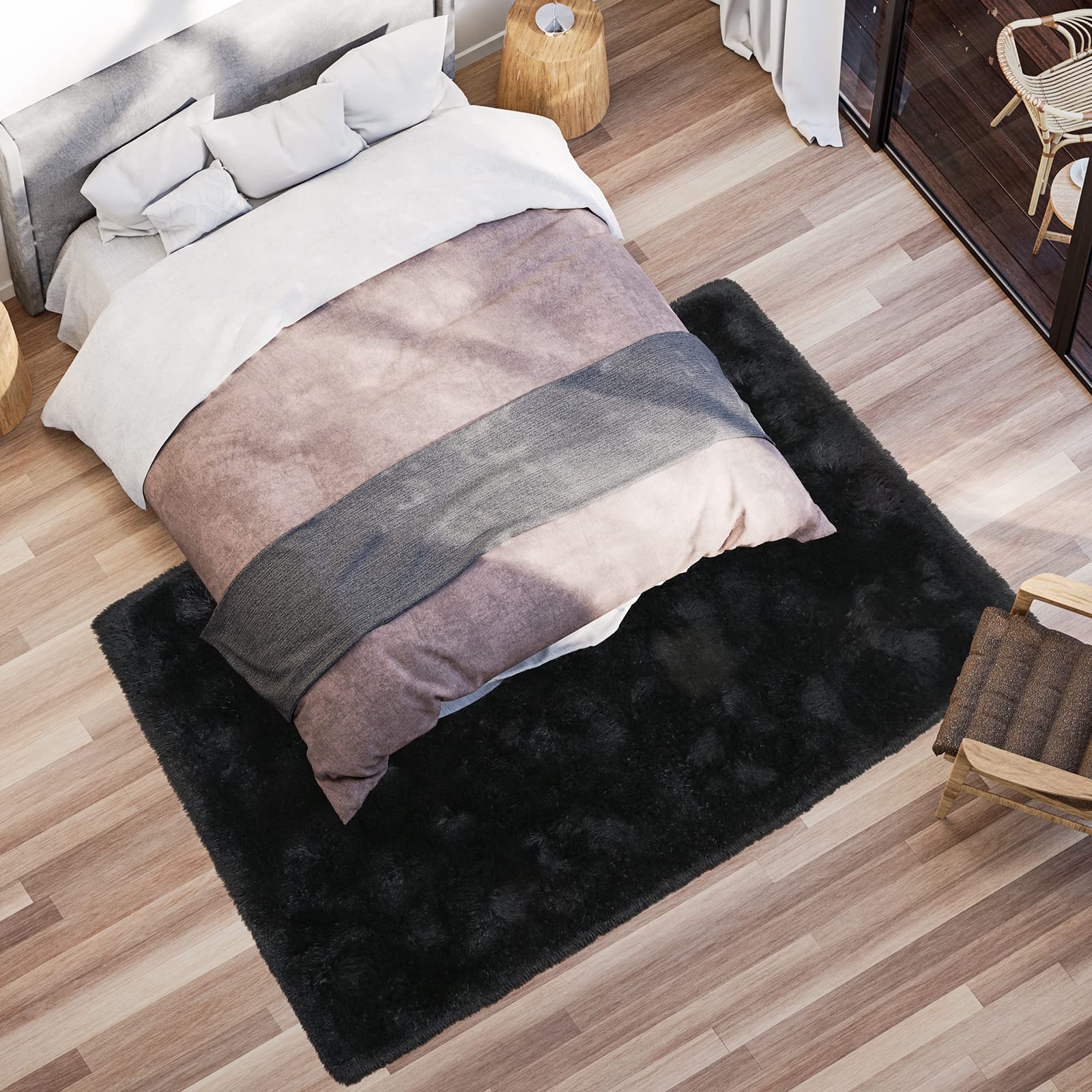 Softlife Area Rug for Living Room, Fluffy Shag Plush 5.3x7.6 Black Rugs for Bedroom Girls, Shaggy Soft Fuzzy Kids Large Carpet for Dorm Bedside Ultra Cozy Non-Slip Indoor Decor
