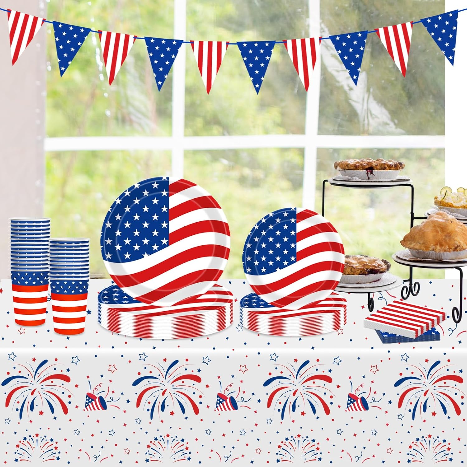Patriotic Party Supplies | 4th of July Decorations Set with Plates, Napkins, Cups & Tablecloth for 25 Guests