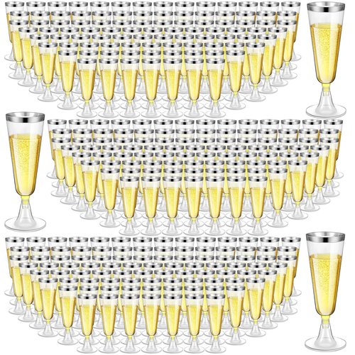 Gerrii 300 Pcs Plastic Champagne Flutes Bulk, 4.5 oz Clear Disposable Champagne Flutes, Rimmed Toasting Glasses for Wedding Birthday Anniversary Celebration Party Wine(Silver Rim)