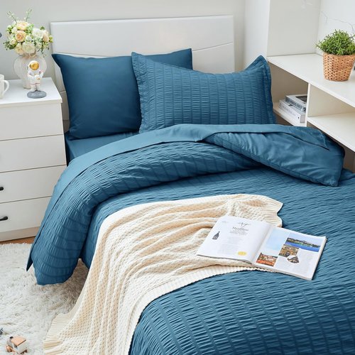 HYMOKEGE Twin XL Comforter Set - Teal Seersucker 5-Piece All-Season Luxury Bedding Set