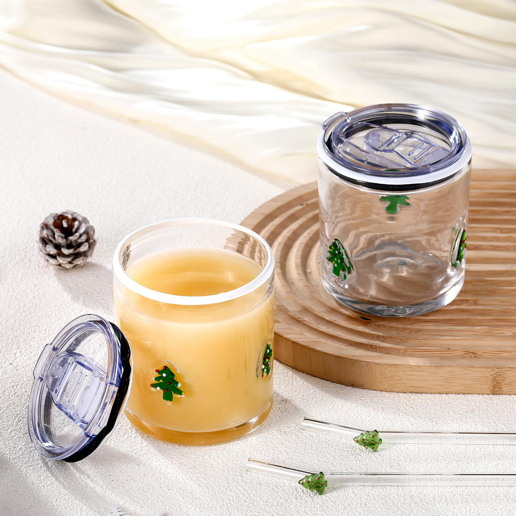 Patelai 2 Pcs Christmas Tree Icon Glasses Cups with Lids and Straws 15oz Reusable Drinking Iced Coffee Glass Cups Cute Xmas Tumbler Gifts for Christmas Adults Women Men Holiday Stocking Stuffer