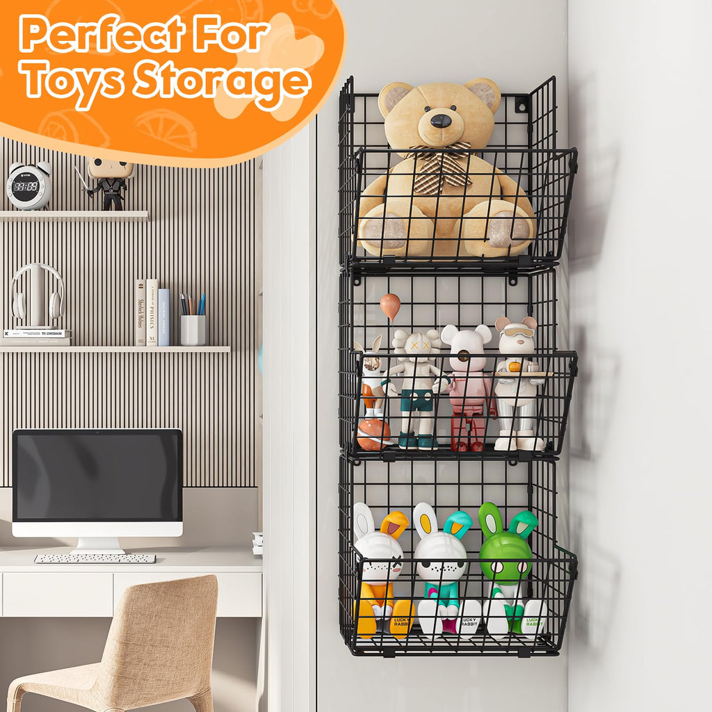 X-cosrack Metal Wire Basket Wall Mount, 3 Tier Wall Storage Organizer with 5 S Hooks, Kitchen Fruits and Vegetables Bin Toys Organizer Hanging Basket Black (S (10.83" L x 10.63" W x 30" H))