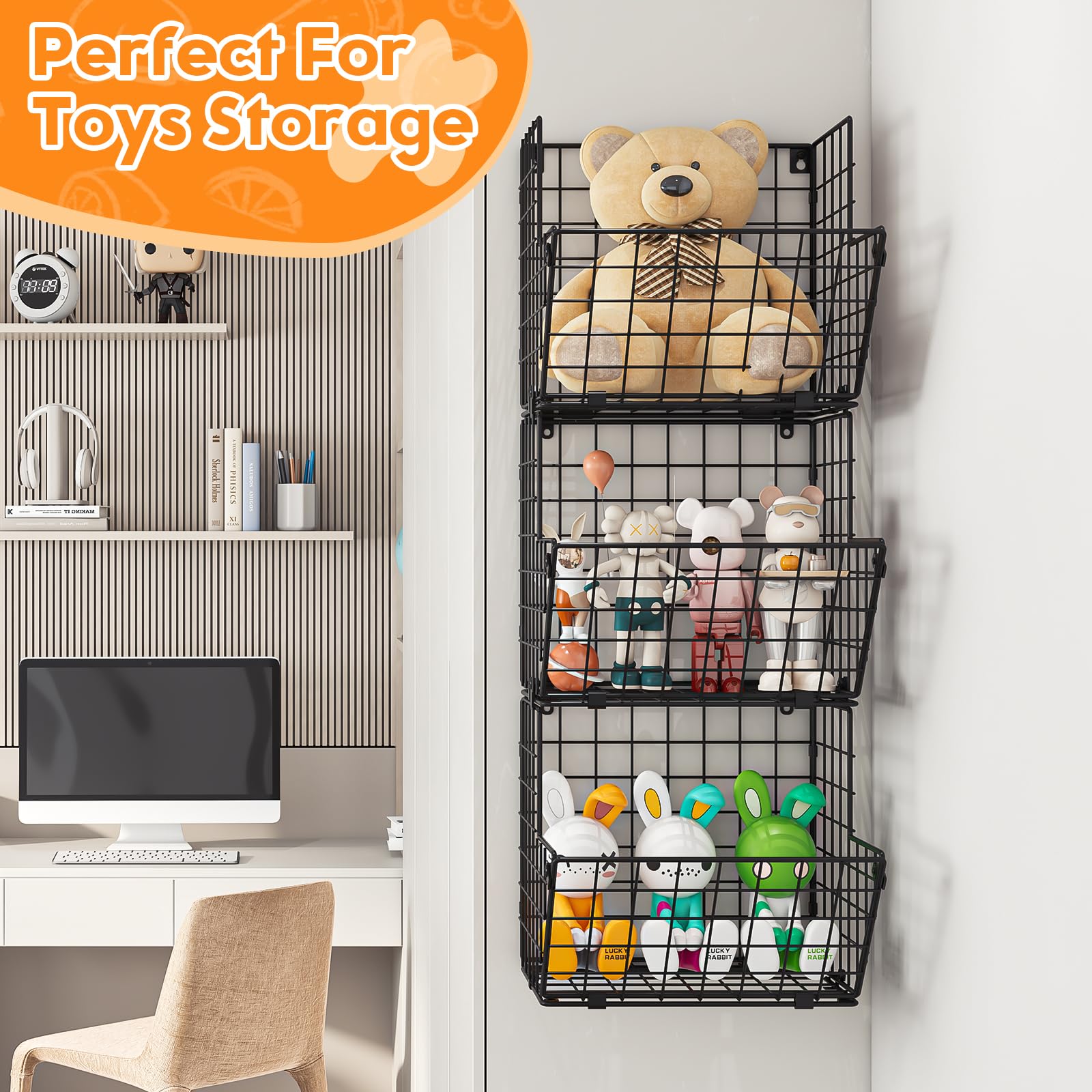 X-cosrack Metal Wire Basket Wall Mount, 3 Tier Wall Storage Organizer with 5 S Hooks, Kitchen Fruits and Vegetables Bin Toys Organizer Hanging Basket Black (S (10.83" L x 10.63" W x 30" H))