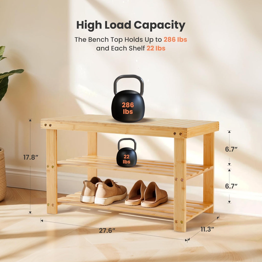 Simple Deluxe Shoe Rack Bench, 3-Tier Bamboo Storage Organizer, 286lb Capacity Entryway Bench for Front Door, Bedroom, Living Room, Bathroom, Balcony, Stylish Shoes Wood (11.3 x 27.6 x 17.8 Inches)