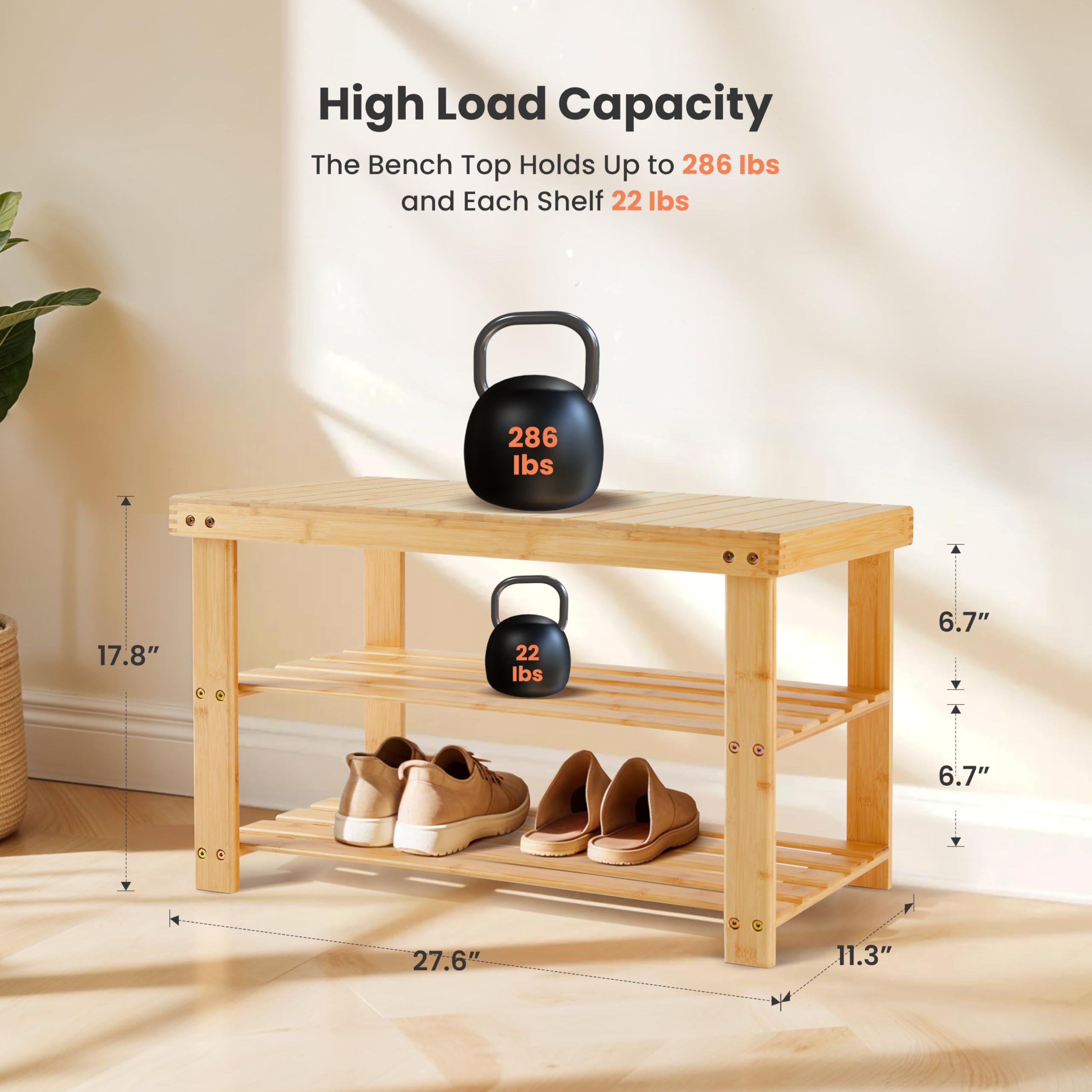Simple Deluxe Shoe Rack Bench, 3-Tier Bamboo Storage Organizer, 286lb Capacity Entryway Bench for Front Door, Bedroom, Living Room, Bathroom, Balcony, Stylish Shoes Wood (11.3 x 27.6 x 17.8 Inches)