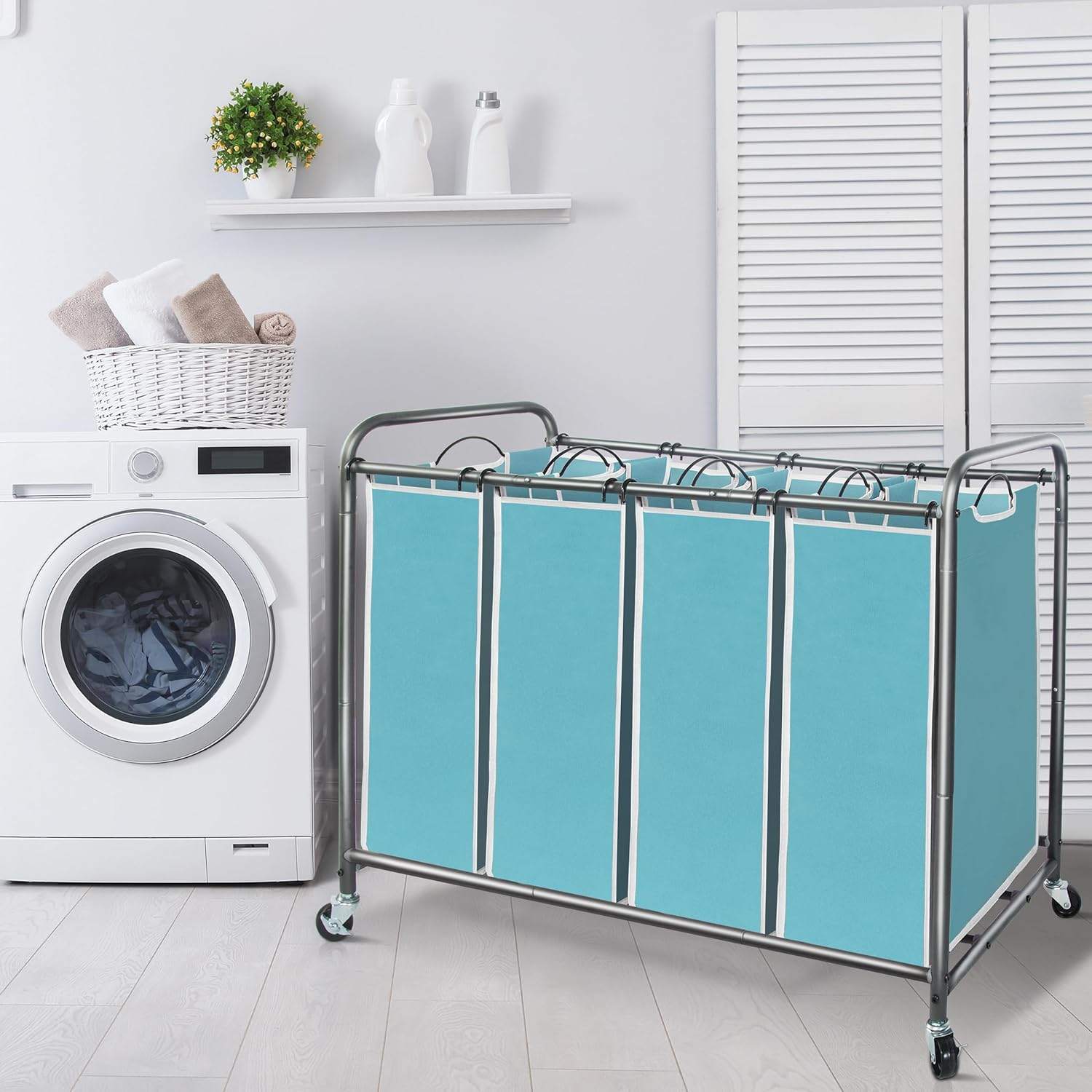 Storage Maniac Laundry Sorter - 4-Section 47.8 Gal Hamper with Wheels & Removable Bags - Blue