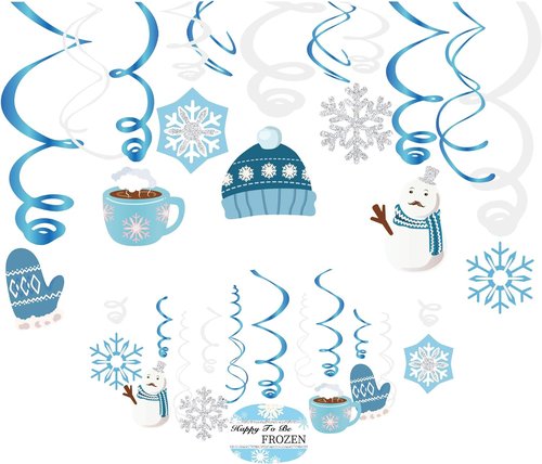 Christmas Snowman Hanging Swirl Decorations - Winter Snowflake Party Decor | 30 Count