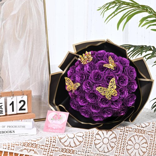 Waipfaru Purple Glitter Roses Bouquet, DIY Flowers Bouquet, Birthday Gifts for Women Mom Grandma Wife Girlfriend, 24 Pcs Fake Rose for Valentines, Mothers Day, Anniversary, Graduation Gifts