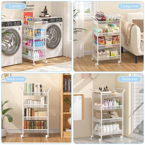 Baby Diaper Caddy Cart, 4-Tier Diaper Caddy Organizer and Storage, Rolling Utility Cart for Baby Supplies, Diaper Cart with Wheels for Bedroom, Nursery, Changing Table, White