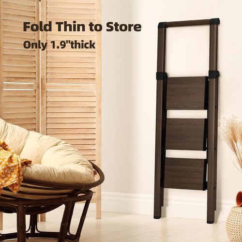 Hillhut Apex 3-Step Foldable Aluminum Step Ladder - Lightweight & Portable with Handgrip, 330lbs Capacity | Walnut Finish
