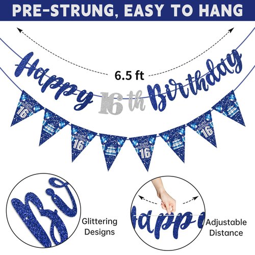 Blue Silver 16th Birthday Decorations for Boys Girls, Happy 16th Birthday Banner Stars Sixteen Hanging Swirls Hello 16 Bday Decor Party Supplies Sign