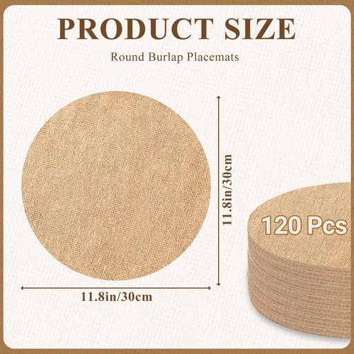 120 Pcs Round Burlap Placemats Bulk 11.8 Inch Reusable & Heat Resistant Natural Jute Table Mats Brown Rustic Table Decor for Wedding, Christmas, Farmhouse Dining Decorations