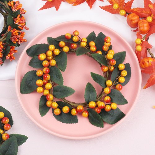 Brihasory Orange Berry Fall Candle Rings Wreaths Set of 2, Small Christmas Wreath 7 Inch Wide with 3 Inch Center Thanksgiving Table Decor Halloween Candle Holders for Table Centerpieces(2PCS)