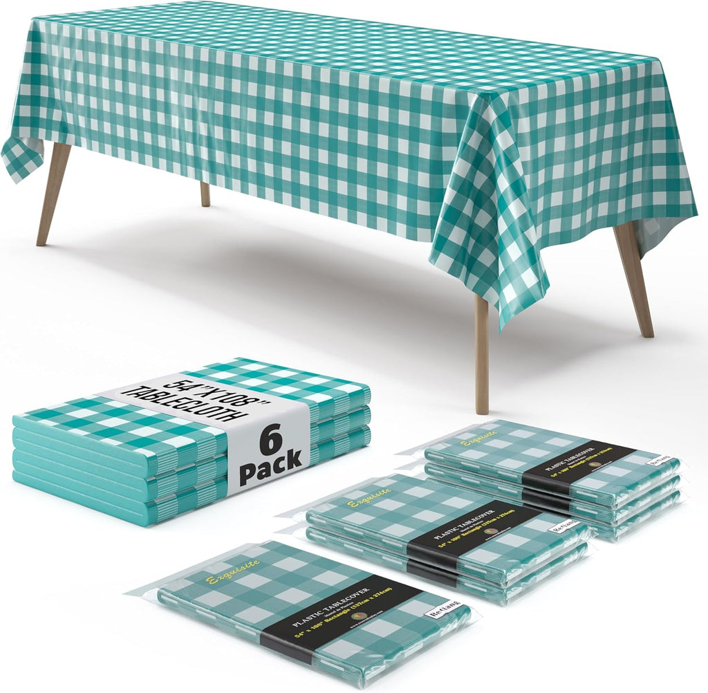 Skiennix Picnic Table Cover - Premium Teal & White Checkered Plastic Tablecloth - 54" x 108" Gingham 6 Pack