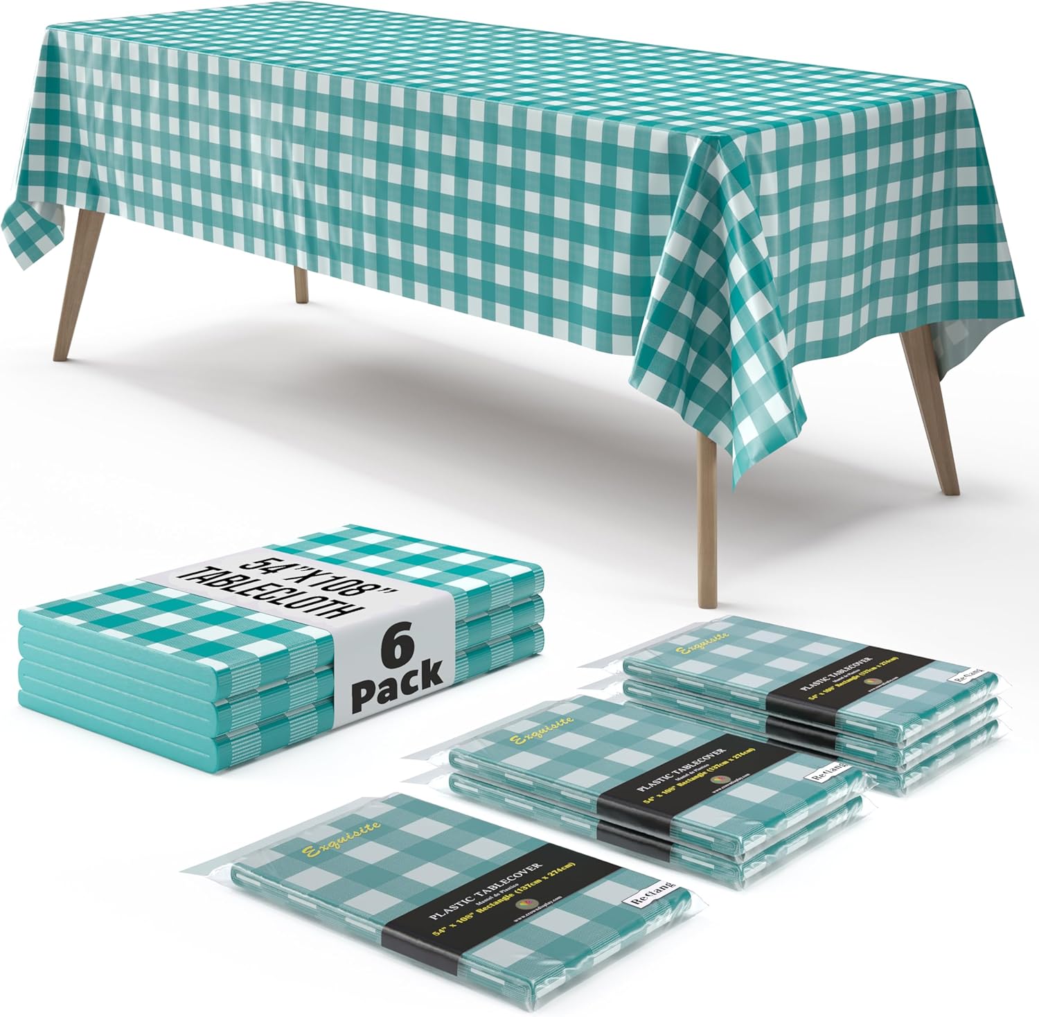 Skiennix Picnic Table Cover - Premium Teal & White Checkered Plastic Tablecloth - 54" x 108" Gingham 6 Pack