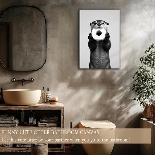 Funny Otter Wall Art by [Brand Name] - Humorous Black and White Canvas Print for Bathroom Decor | 12x16''