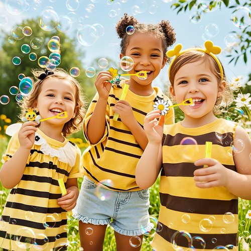 Winrayk Bee Party Favors, 24Pcs Bee Themed Mini Bubble Wands for Kids Bubbles Bulk with Detachable Topper (6 Styles & Colors), Birthday Gift Easter Goody Bag Stuffer Classroom Prizes Honey Party Favor