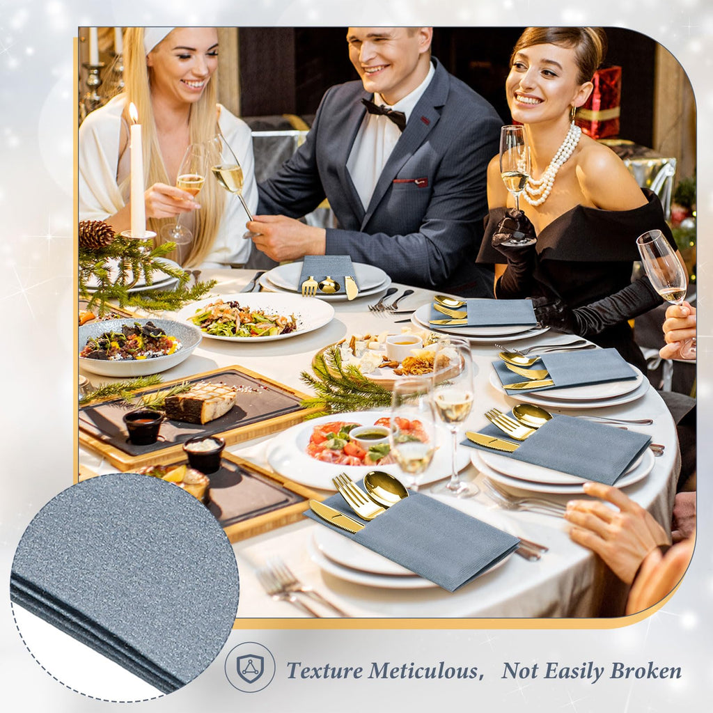 Tioncy 25 Pack Gold Plastic Silverware Set with Napkins, Linen Touch Napkins and Plastic Cutlery Set Gold Disposable Dinnerware with Forks Spoons Knives(Champagne)
