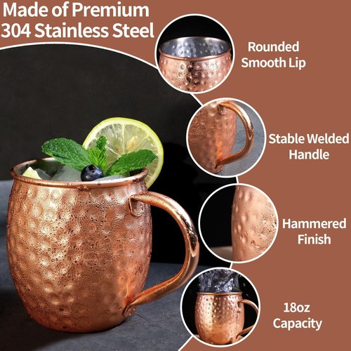 LINALL Moscow Mule Copper Mugs- Set of 2 Copper Plated Stainless Steel Mug 18oz, for Chilled Drinks (2 pcs)