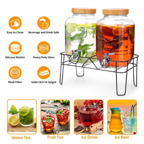 2 Pack 1 Gallon Glass Drink Dispenser with Bamboo Lids, Beverage Dispenser with Stand, Drink Machine for Lemonade, Iced Drinks Kombucha Dispenser for Parties