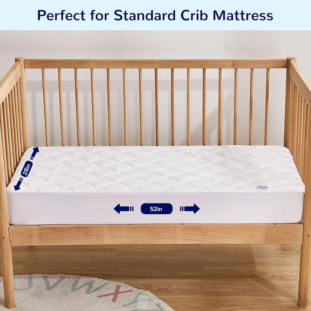 Sleep Zone Waterproof Crib Mattress Protector - Ultra Soft & Breathable | Machine Washable, 52''x28'', Pure White