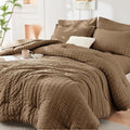 HYMOKEGE King Size Comforter Set - Luxury 7-Piece Seersucker Bedding Set for All Seasons | Brown