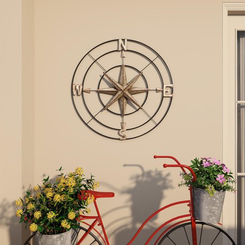 Deco 79 Metal Compass Home Wall Decor Indoor Outdoor Wall Sculpture with Distressed Copper Like Finish, Wall Art 32" x 2" x 32", Gray