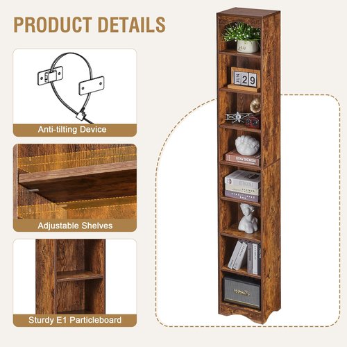 VECELO Space-Saving Tall Narrow Brown Bookshelf - 6 Adjustable Shelves, Elevated Moisture-Proof Base, Slim Storage Organizer for Small Apartments Dorms
