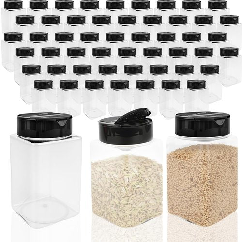 Conagel 54 Pack 9 oz Plastic Spice Jars with Black Cap Empty Seasoning Bottles with Shaker Lids Clear Square Spice Containers for Storing Spice Herbs